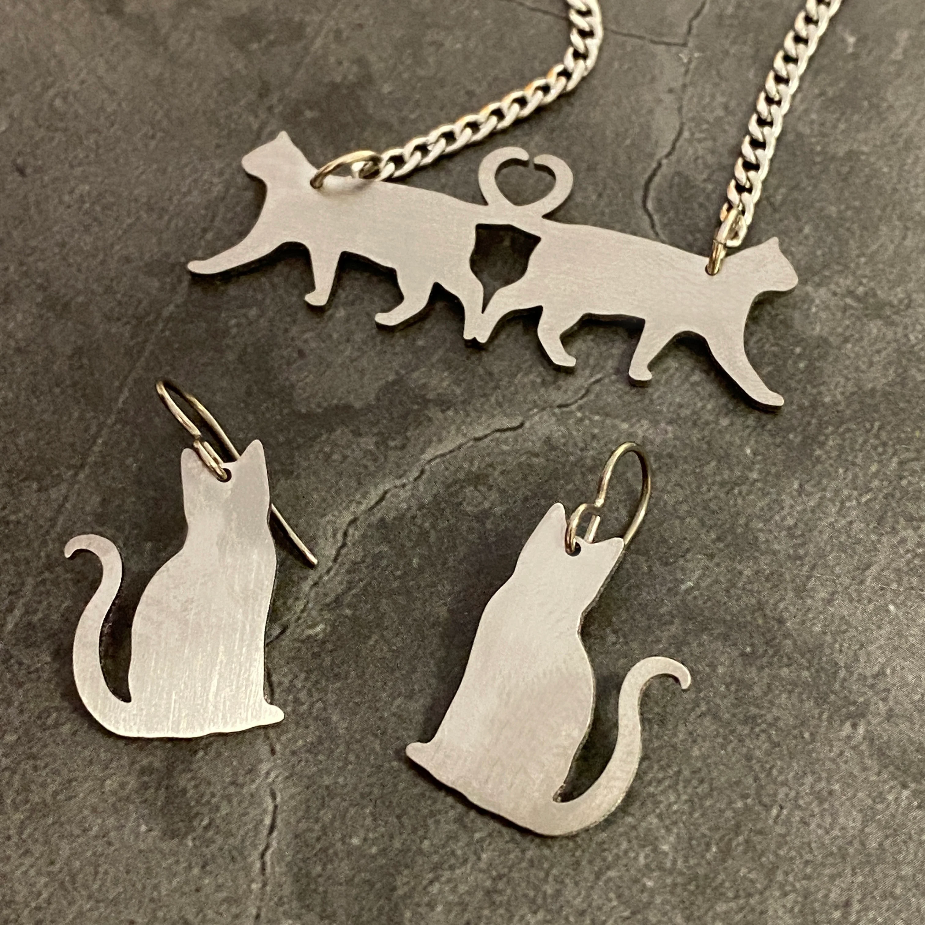 Titanium Cat Pendant and Earring Set